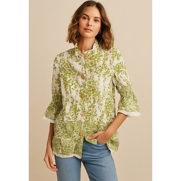 Terra SJ Apparel Green Floral Tunic Blouse Women’s S Cotton Rayon Button Front - Picture 12 of 12